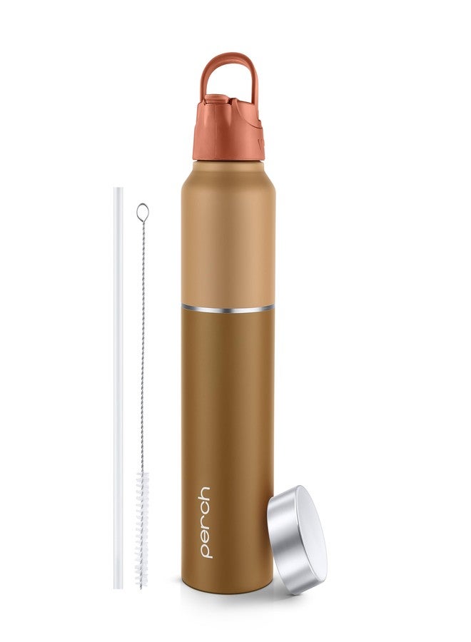 Perch Magic Stainless Steel Water Bottle 1 litre with Straw and Dual Cap - Single-Walled, BPA Free, ISI Certified | Compact & Easy to Carry | Ideal for Travel, Gym, School - Amber Brown(Dual Tone) - Image 1